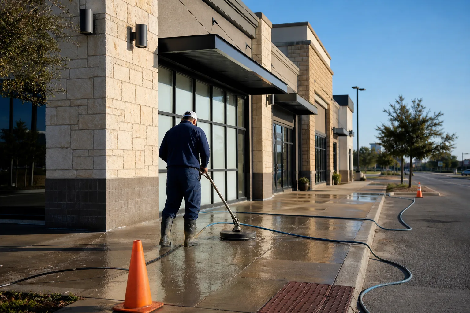 Storefront sidewalk cleaning during quiet morning hours