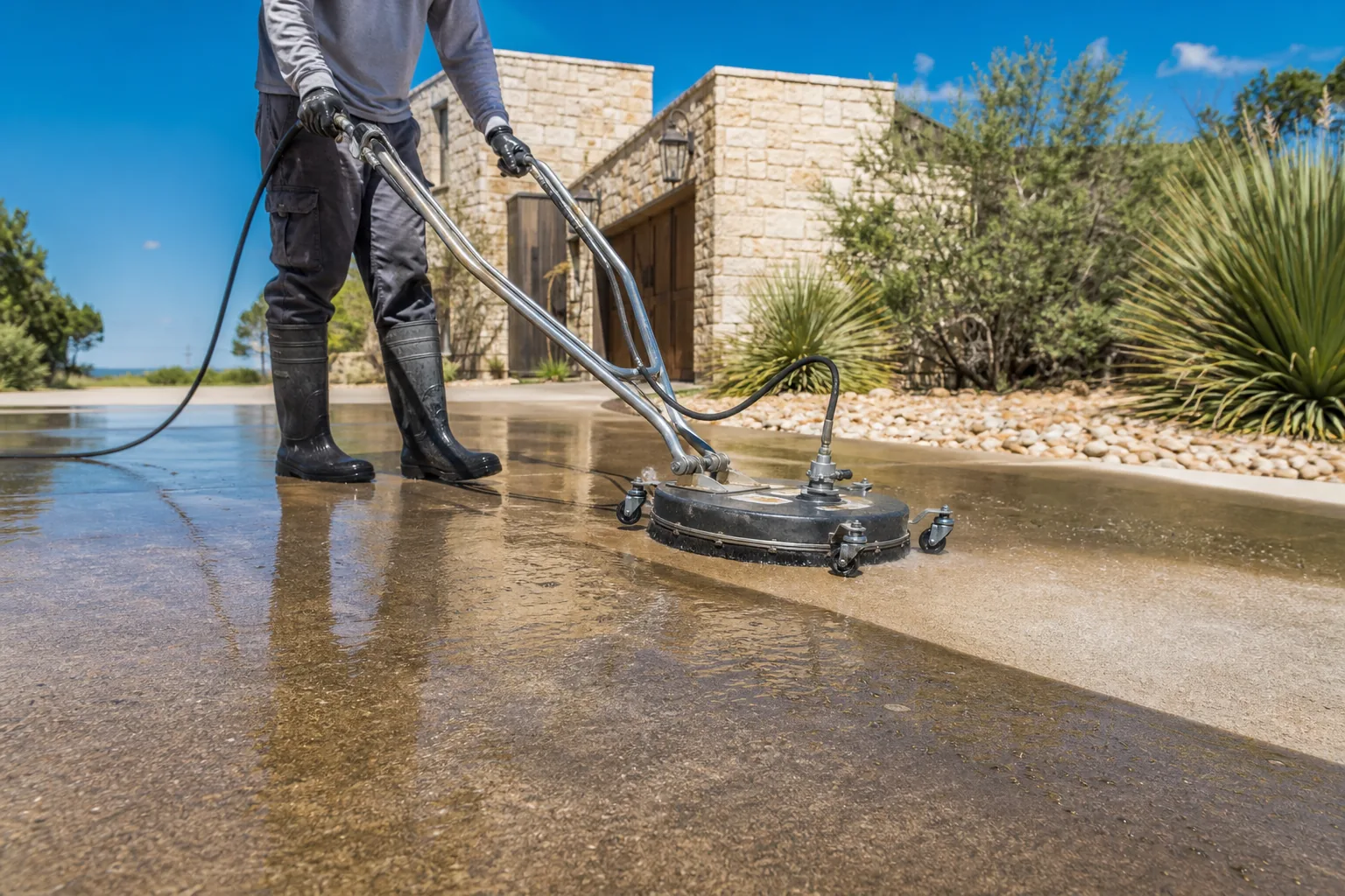 Professional surface cleaner washing a concrete driveway