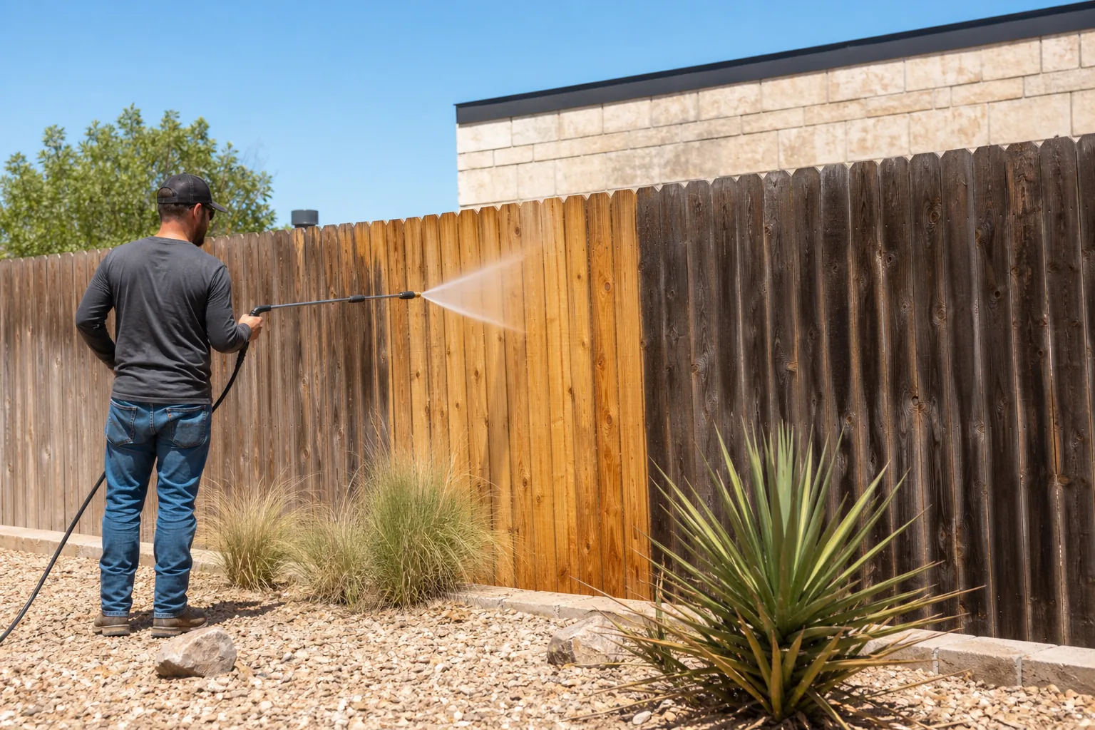 Technician gently rinsing a weathered cedar fence