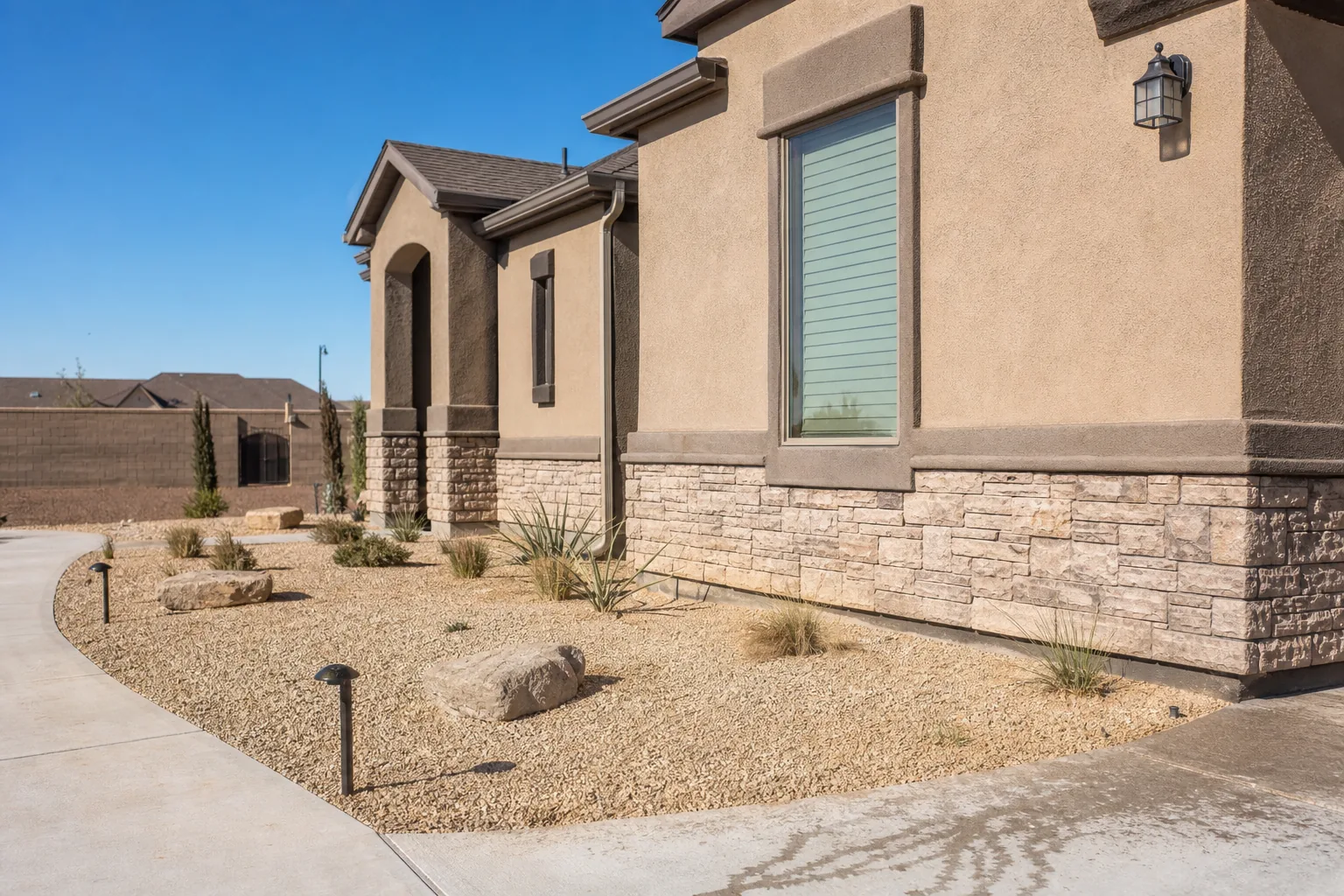 Stucco Odessa home with dry landscaping and mineral marks