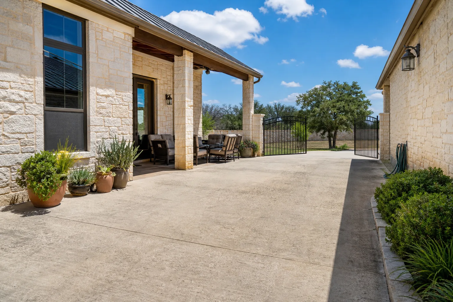 Prepared West Texas patio and driveway with open gate