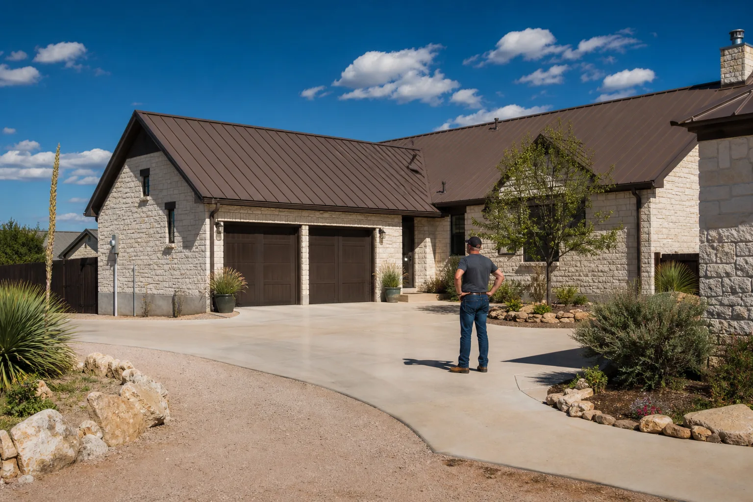 Homeowner inspecting a maintained stone home and driveway
