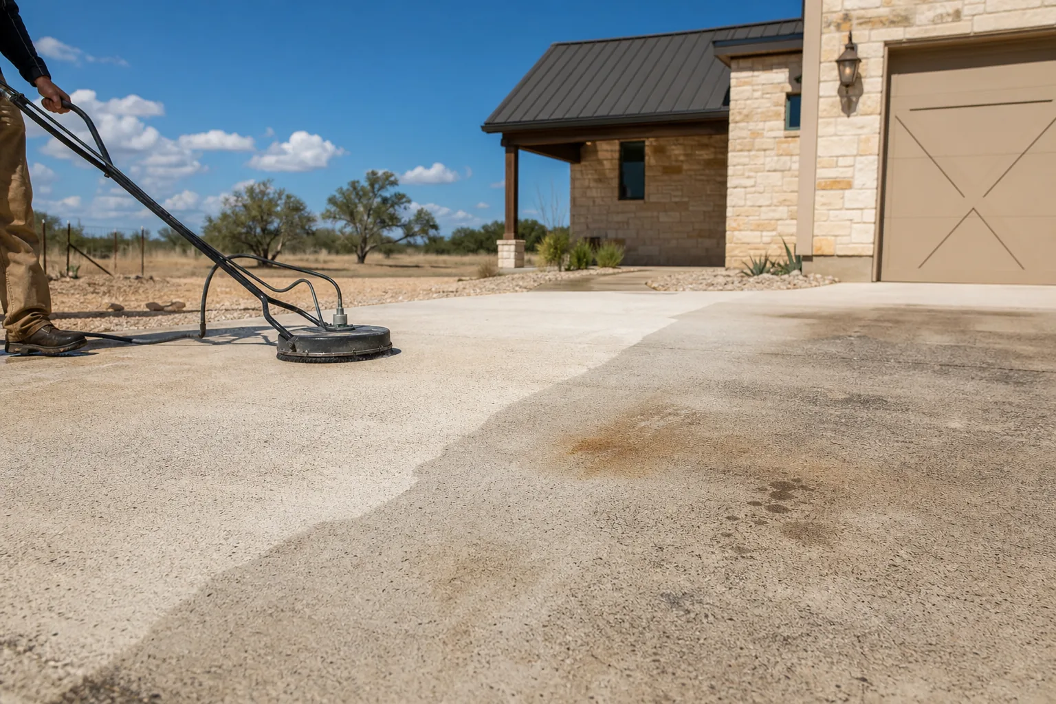 Partially cleaned concrete driveway with a few remaining stains