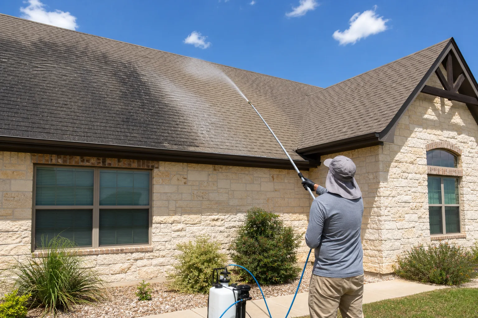 Technician treating dark streaks on an asphalt shingle roof from the ground