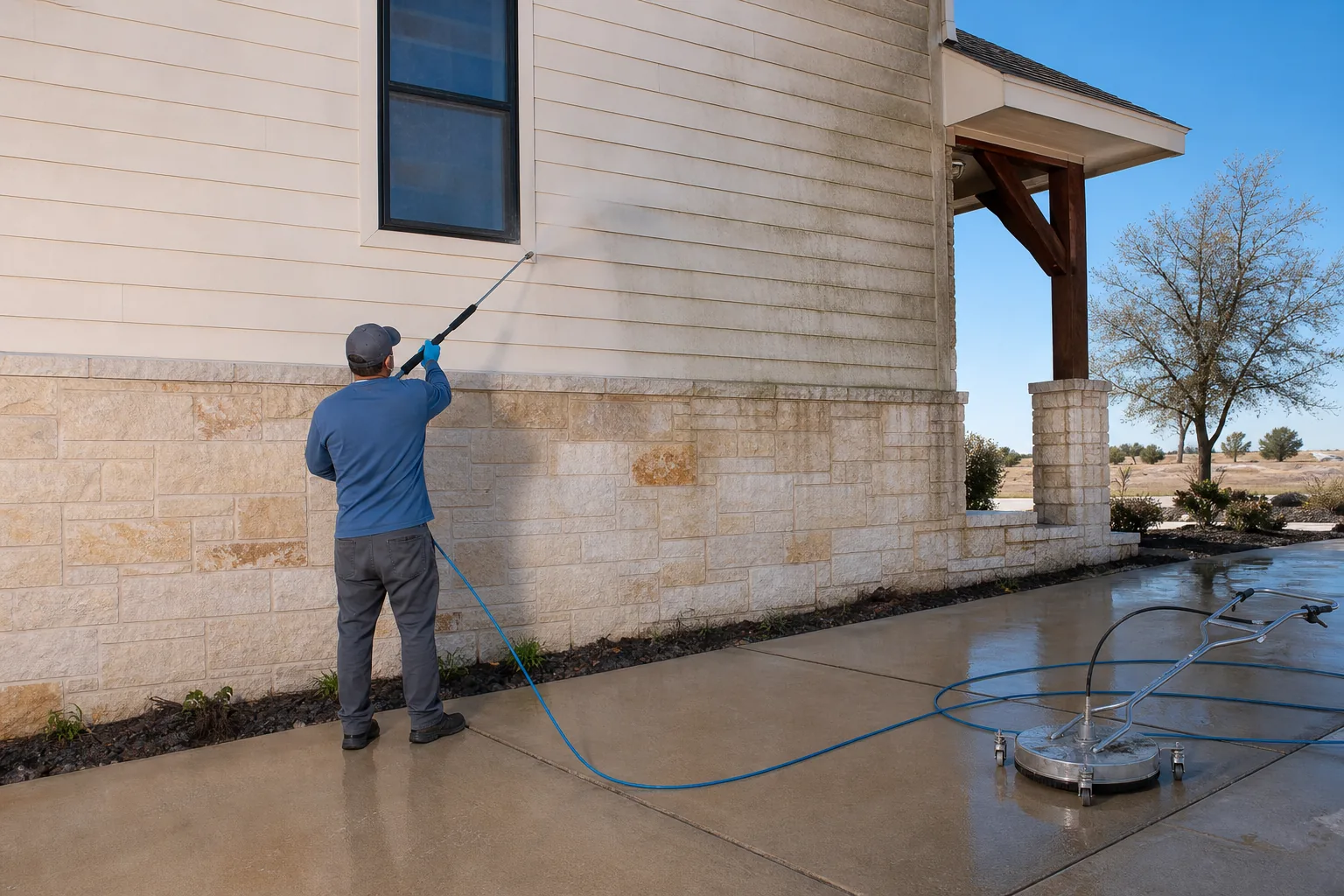 Technician soft washing house siding beside a concrete surface cleaner