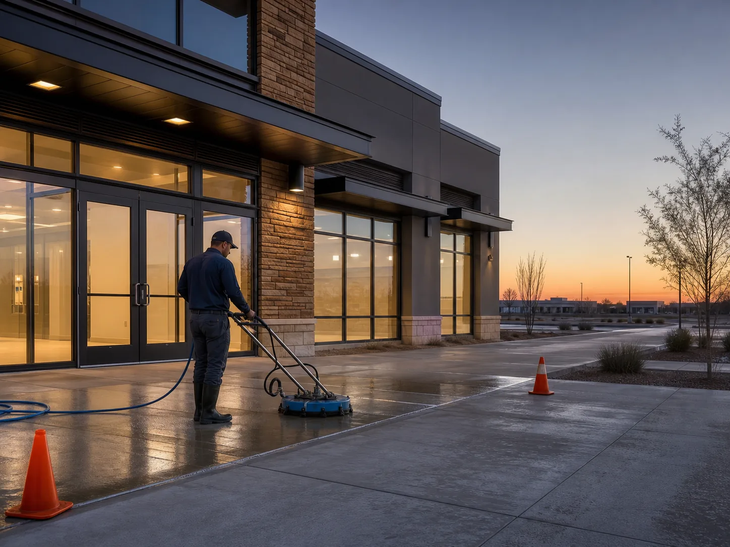 Brand imagery of organized commercial sidewalk cleaning at a West Texas storefront