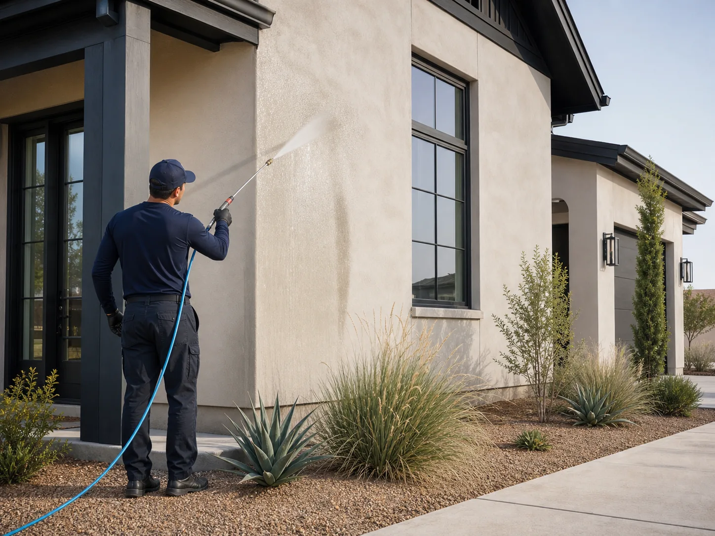 Brand imagery of careful exterior washing on a West Texas stucco home